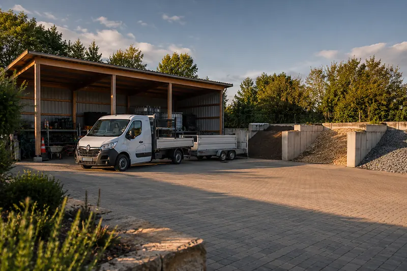 Betriebshof mit überdachtem Stellplatz, Pritschenwagen und Schüttgutboxen