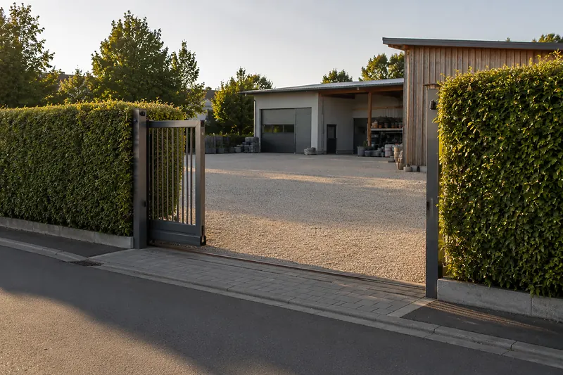Offenes Tor zur Einfahrt des Betriebsgeländes, seitlich eine geschnittene Hecke