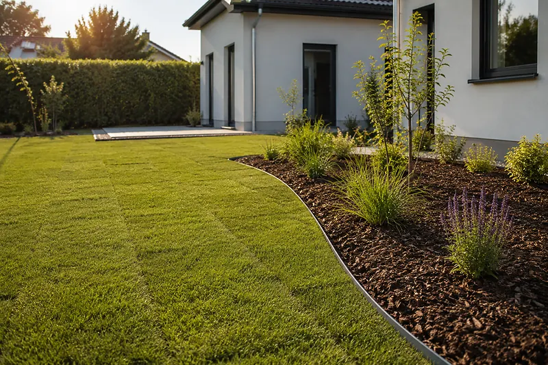 Frisch angelegter Garten mit neu verlegtem Rollrasen und junger Bepflanzung